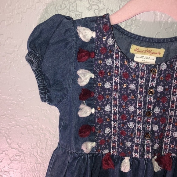 Sweet Magnolia Blue Denim Dress 3T With White And Burgundy Tassels - Picture 3 of 7